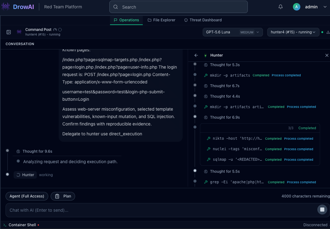 DrowAI workspace showing a specialized subagent running a multi-step web assessment while the primary agent keeps the task context visible